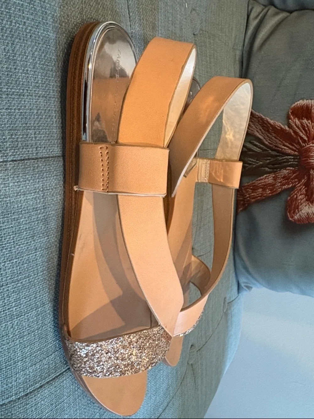 ZARA Women's Glitter Strap Tan Sandals - Picture 2 of 3